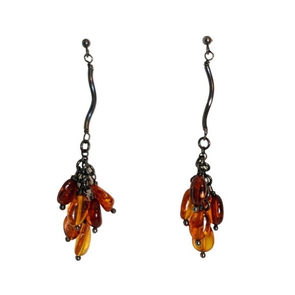 Vintage Amber Jeweled Teardrop Drop Dangle Earrings Art Deco Boho